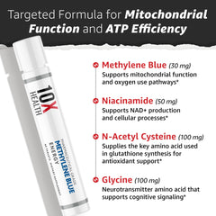 NAC and methylene blue ingredients on the 10X Health label indicate antioxidant support.