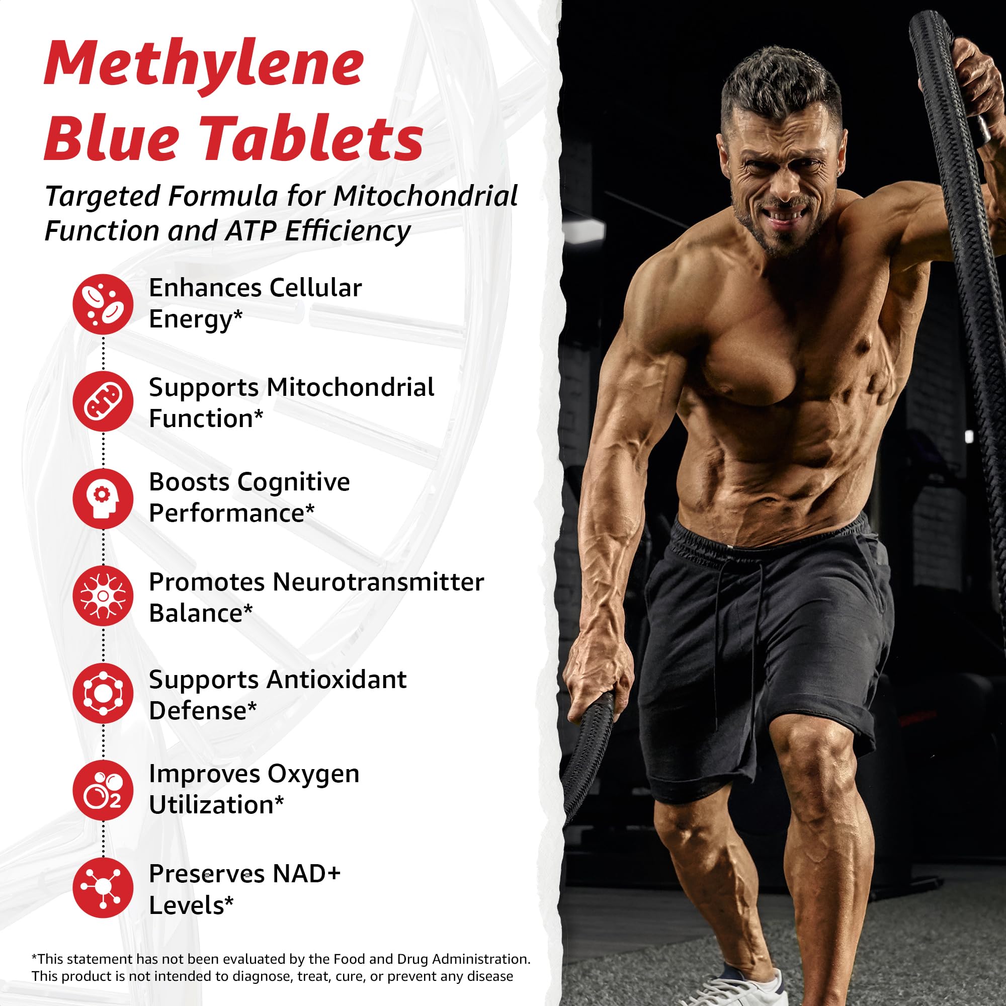 Closeup of the 10X Health Methylene Blue label highlights premium ingredients.