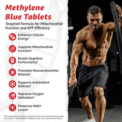Closeup of the 10X Health Methylene Blue label highlights premium ingredients.