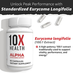 10X Health System Alpha bottle side-view with clear dosage information.