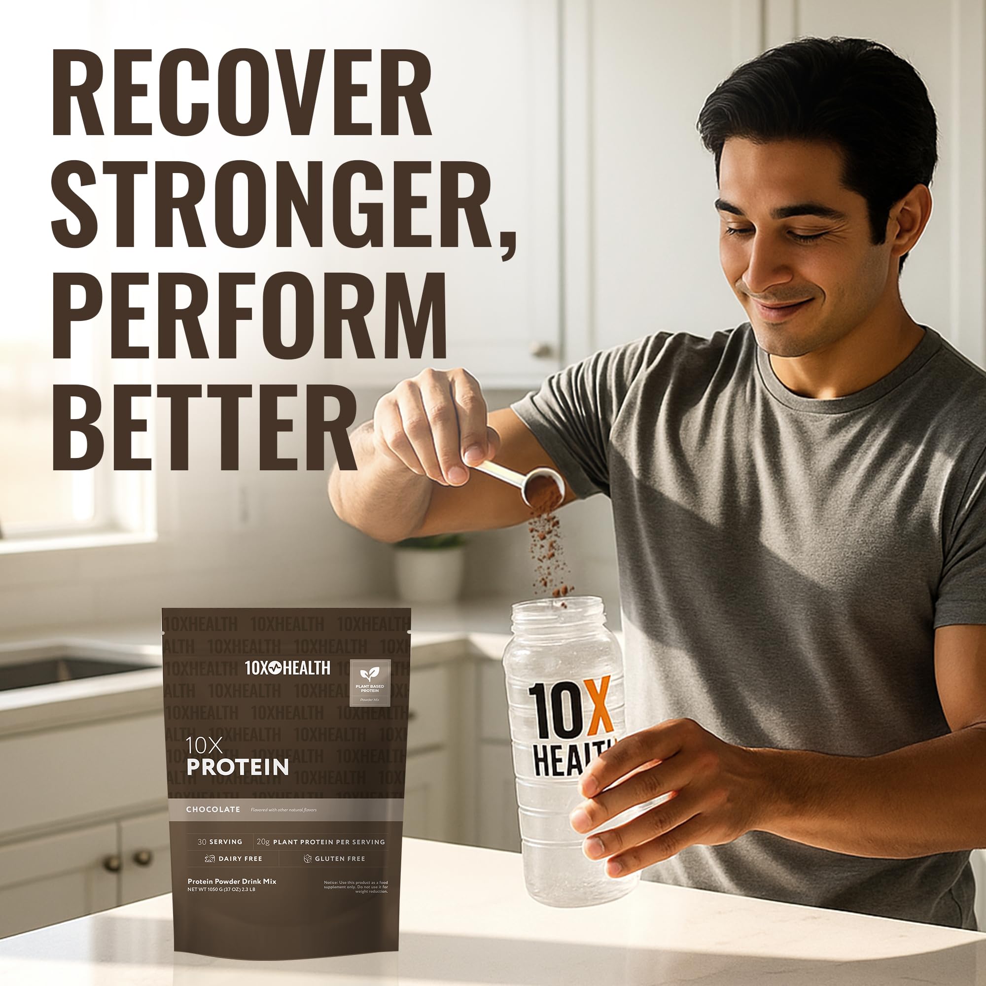Gluten-free and dairy-free badge on 10X Health System protein packaging.
