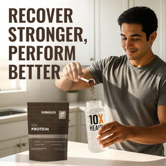 Gluten-free and dairy-free badge on 10X Health System protein packaging.