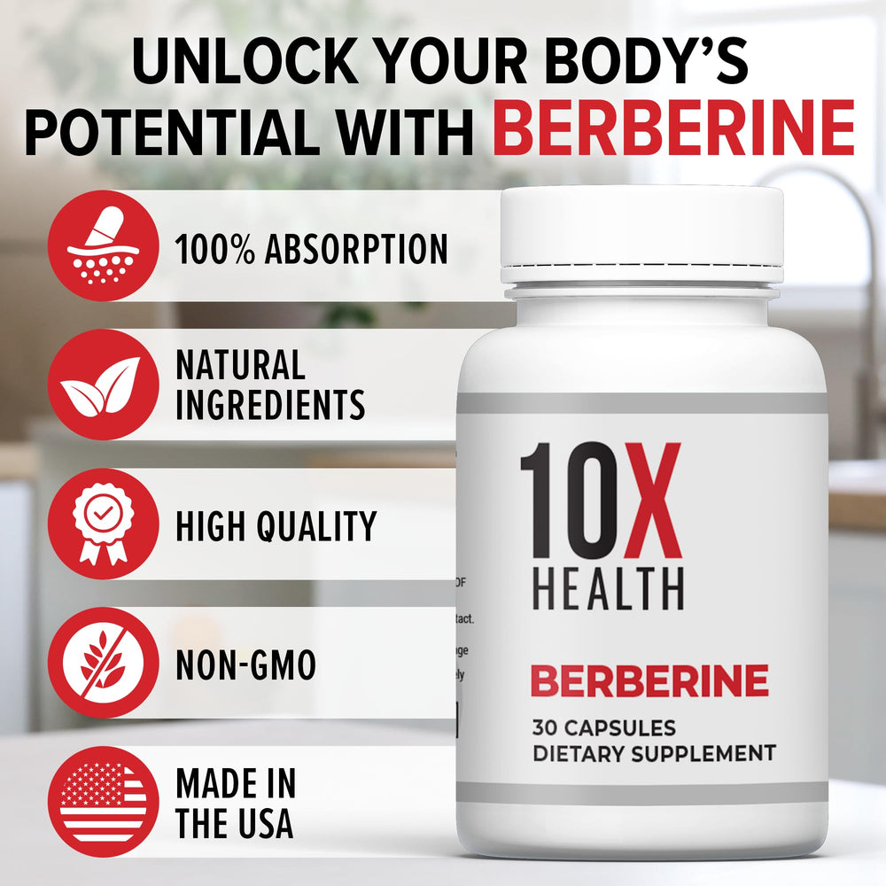 10X Health Berberine gut-health depiction highlighting digestion and balance.