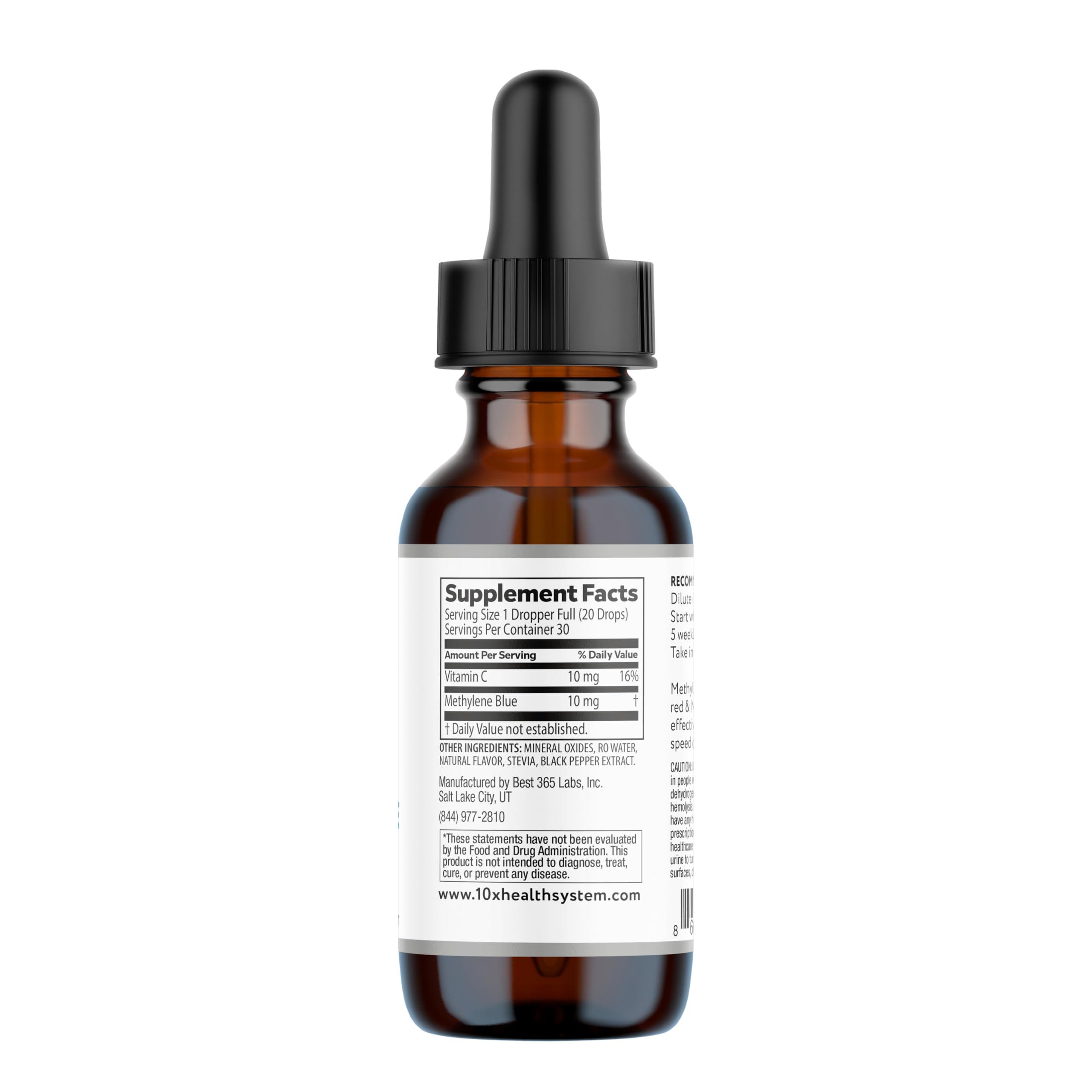 10X Health System Methylene Blue Drops label signals enhanced nutrient absorption potential.