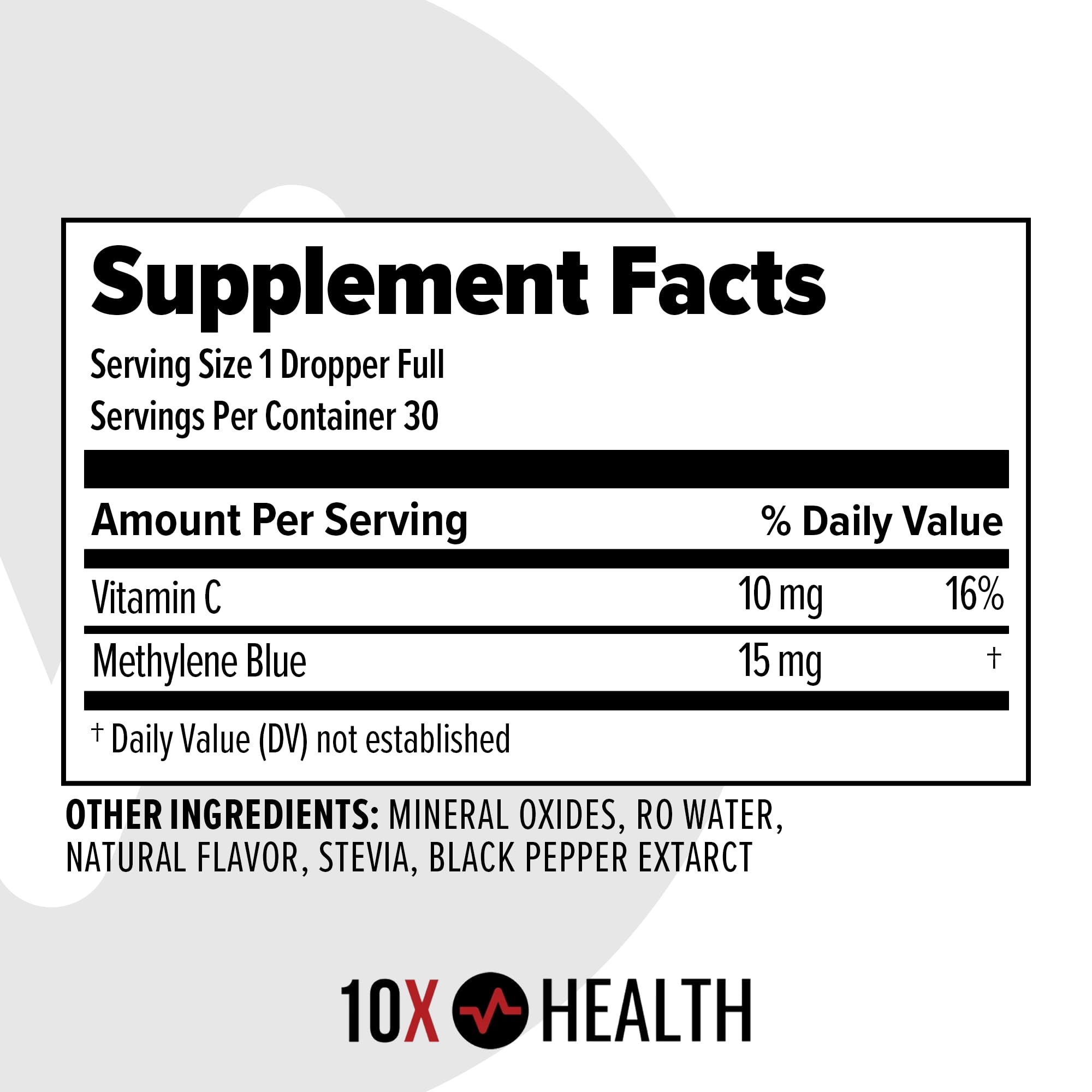 10X Health System Methylene Blue Drops liquid close-up shows blue tint.