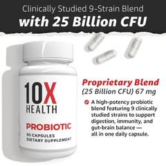 10x Health System Probiotics bottle pour demonstrates quick daily dosing.