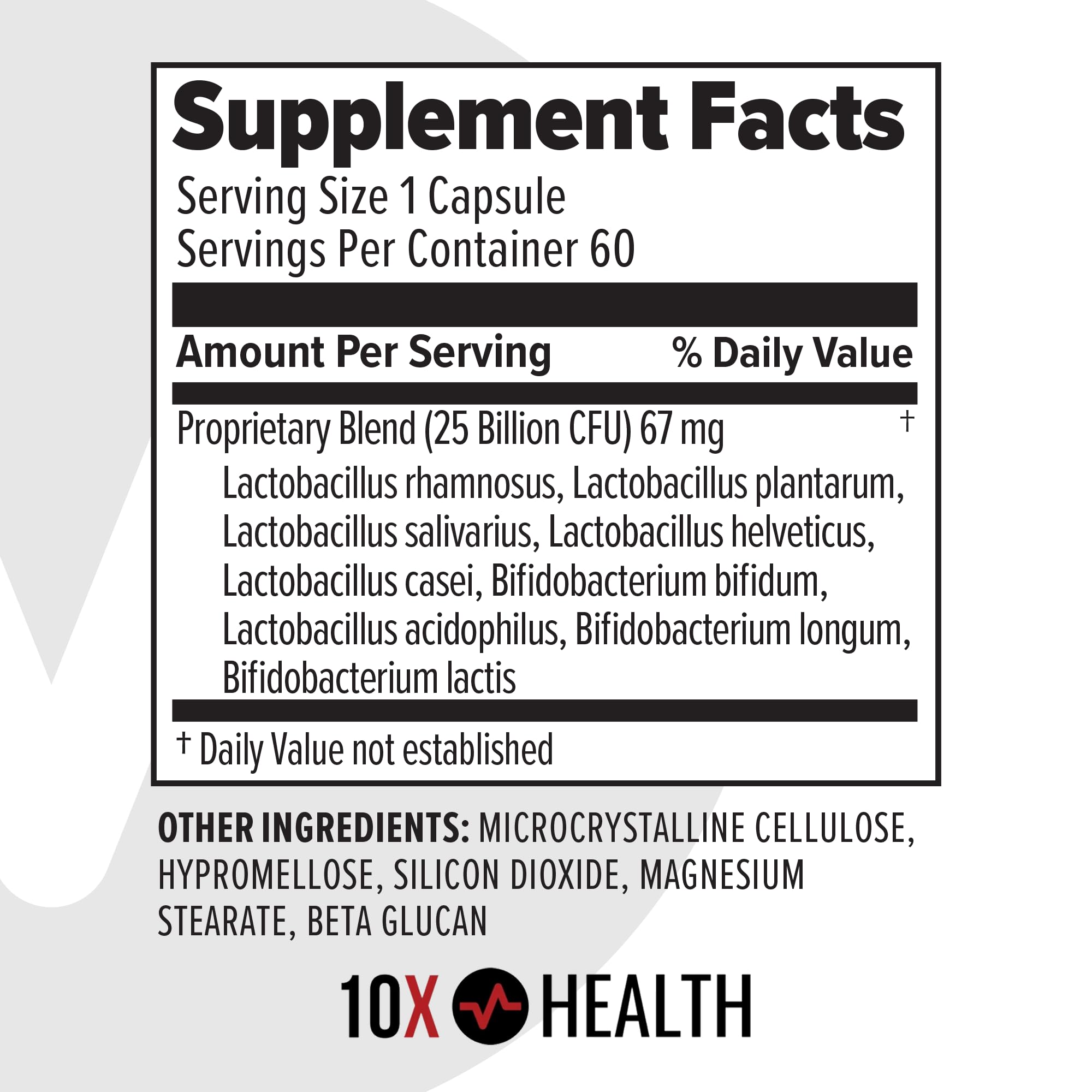 10x Health System Probiotics ingredients list details probiotic strains.