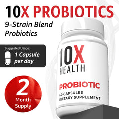 10x Health System Probiotics label detail shows strain blend.