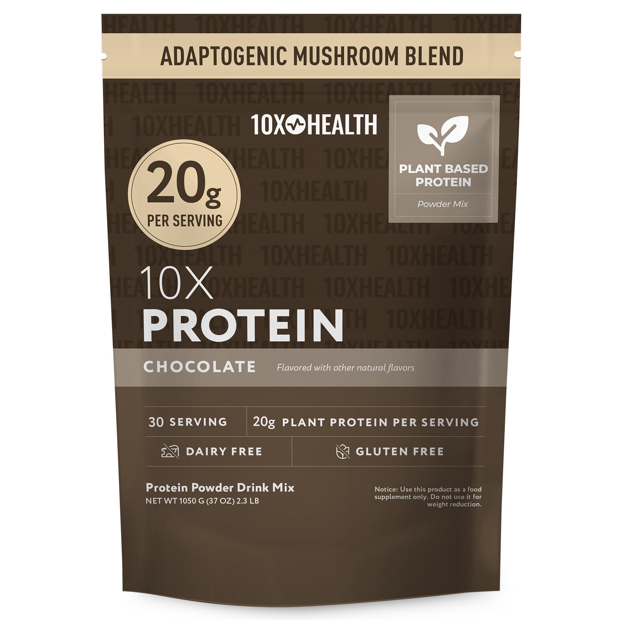 10X Health System vegan chocolate protein powder tub front, 20g protein per serving for muscle support.