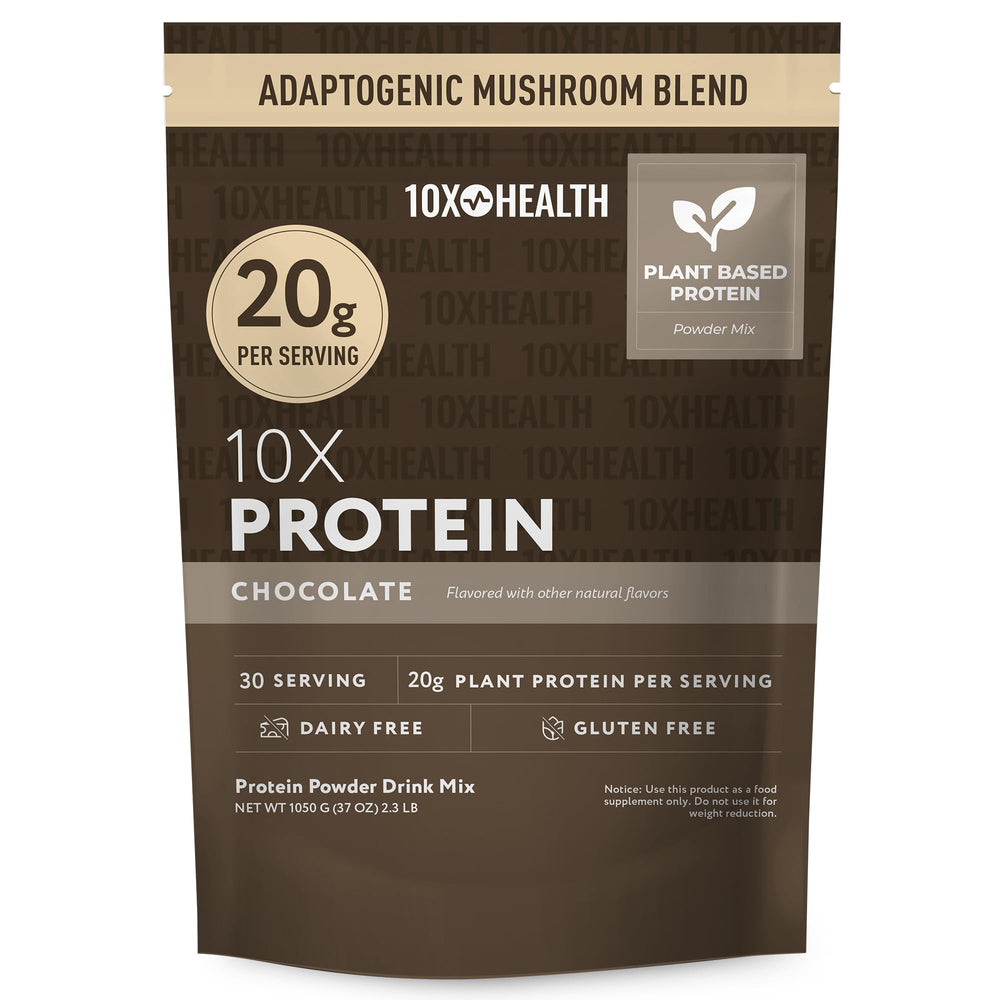 10X Health System vegan chocolate protein powder tub front, 20g protein per serving for muscle support.