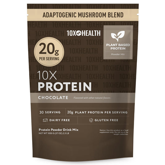 10X Health System vegan chocolate protein powder tub front, 20g protein per serving for muscle support.