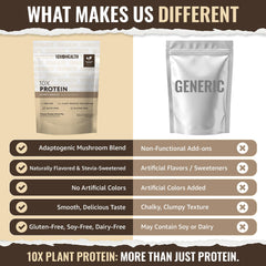 Close-up of 10X Health System vegan protein powder texture, honey vanilla.
