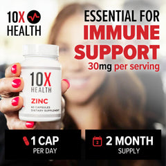 10X zinc capsule close-up illustrating compact size for daily use