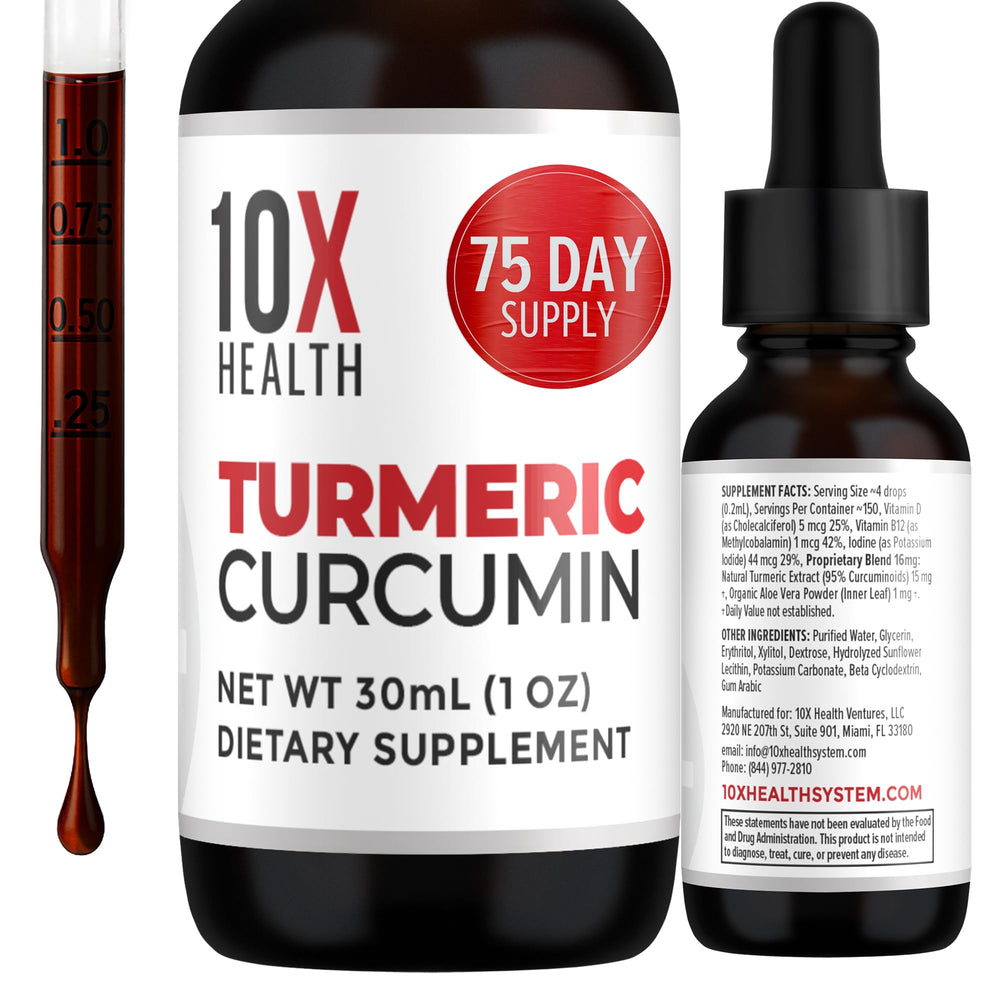10X Health Turmeric Drops bottle label highlights premium joint and immunity support