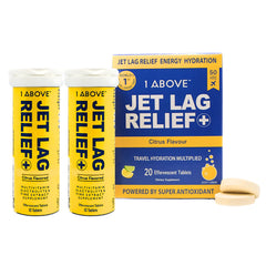 1Above Jet Lag Relief Tablets bottle showing citrus flavor and travel use.