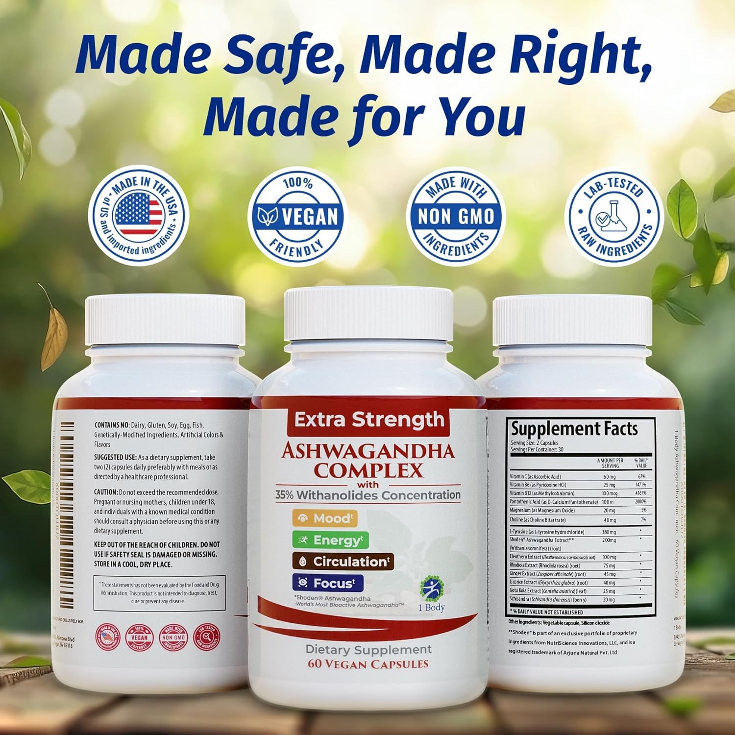1 Body Ashwagandha Complex ingredients list close-up, herbal blend emphasis