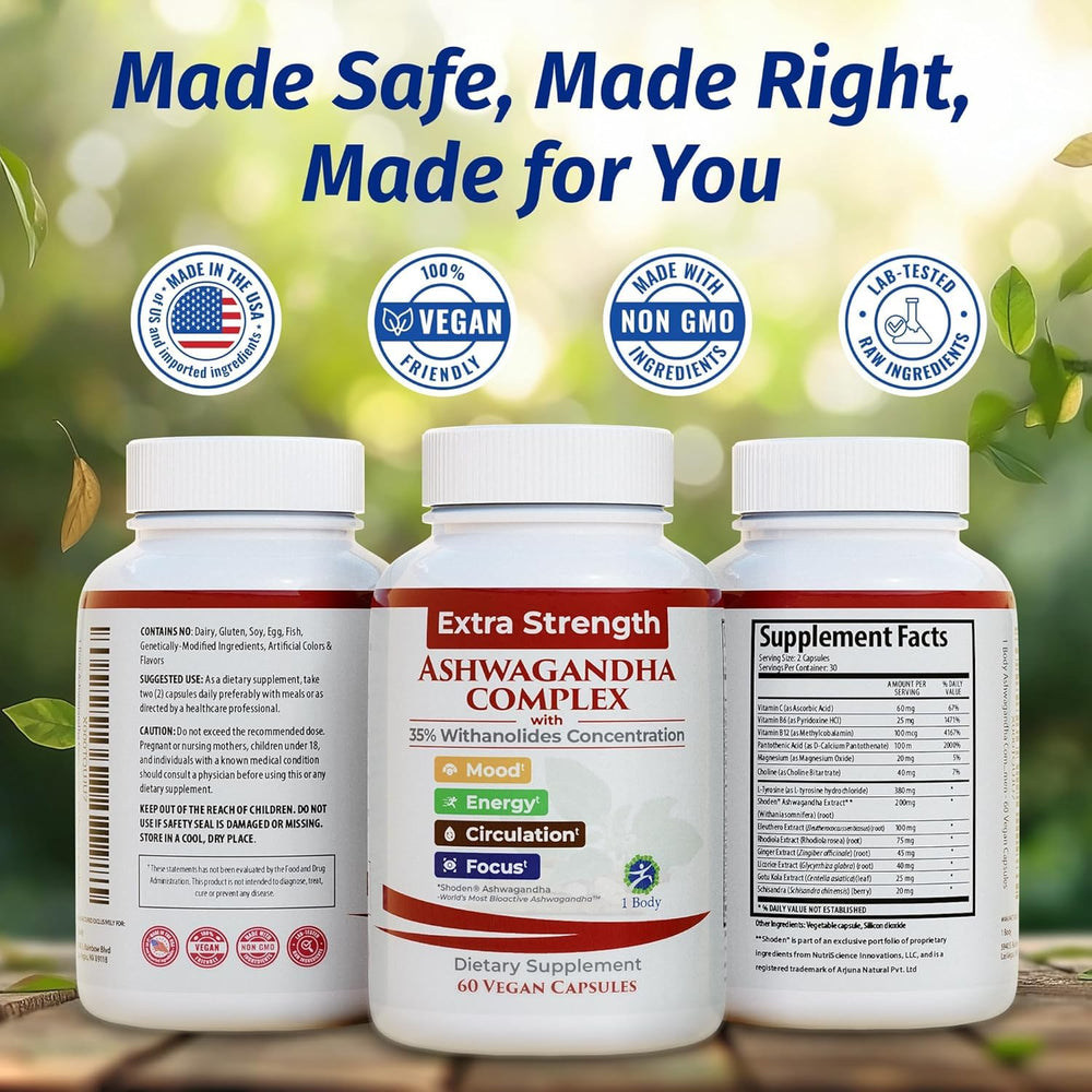 1 Body Ashwagandha Complex ingredients list close-up, herbal blend emphasis