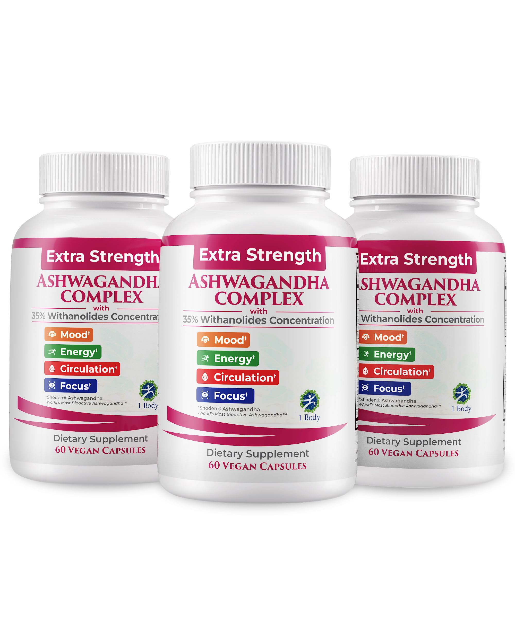 1 Body Ashwagandha Complex bottle front for focus and daily energy support.