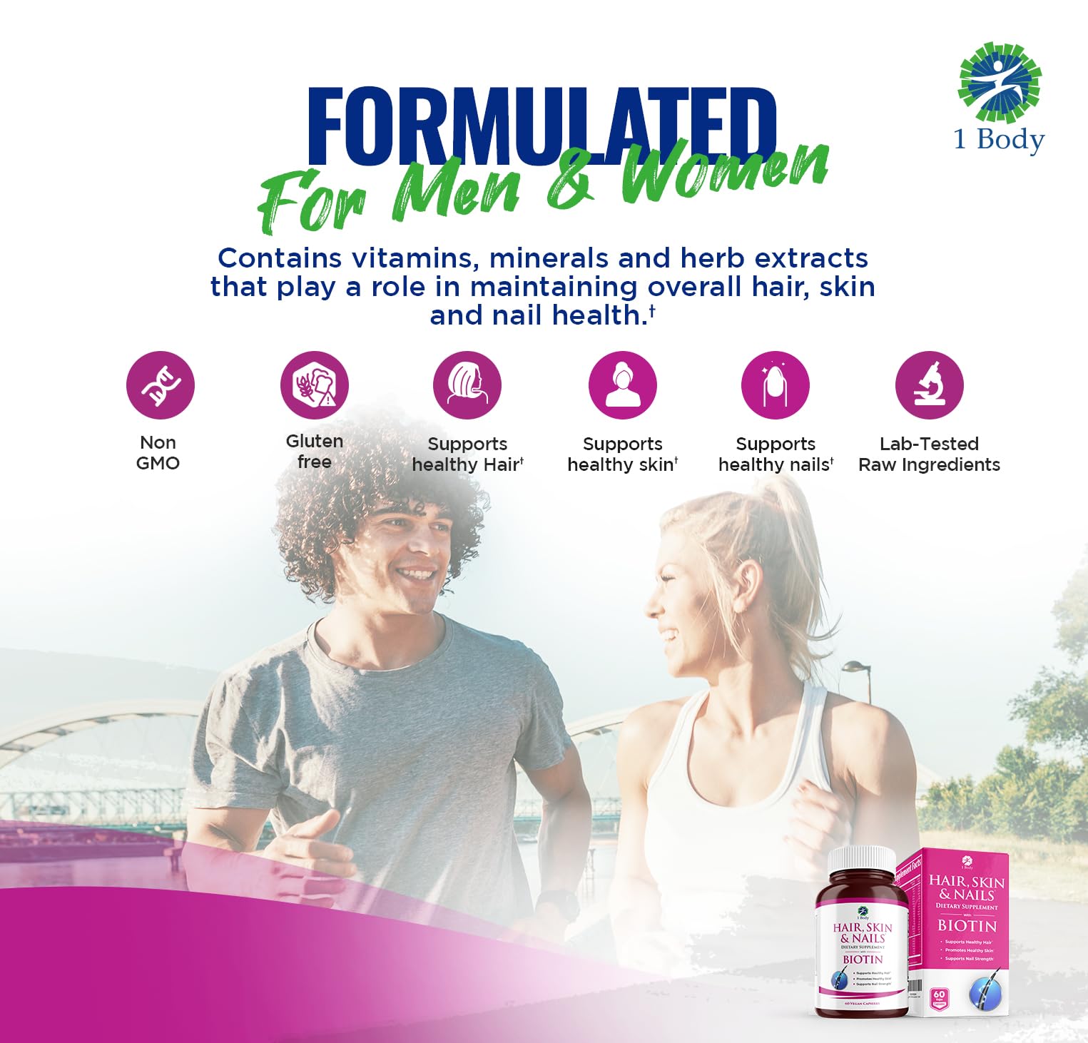1body bottle on white counter suggests easy daily routine integration.