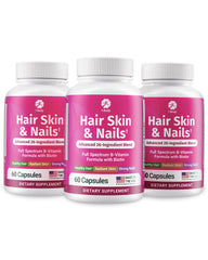 1body hair-skin-nails vitamin bottle on counter supports daily beauty nourishment.