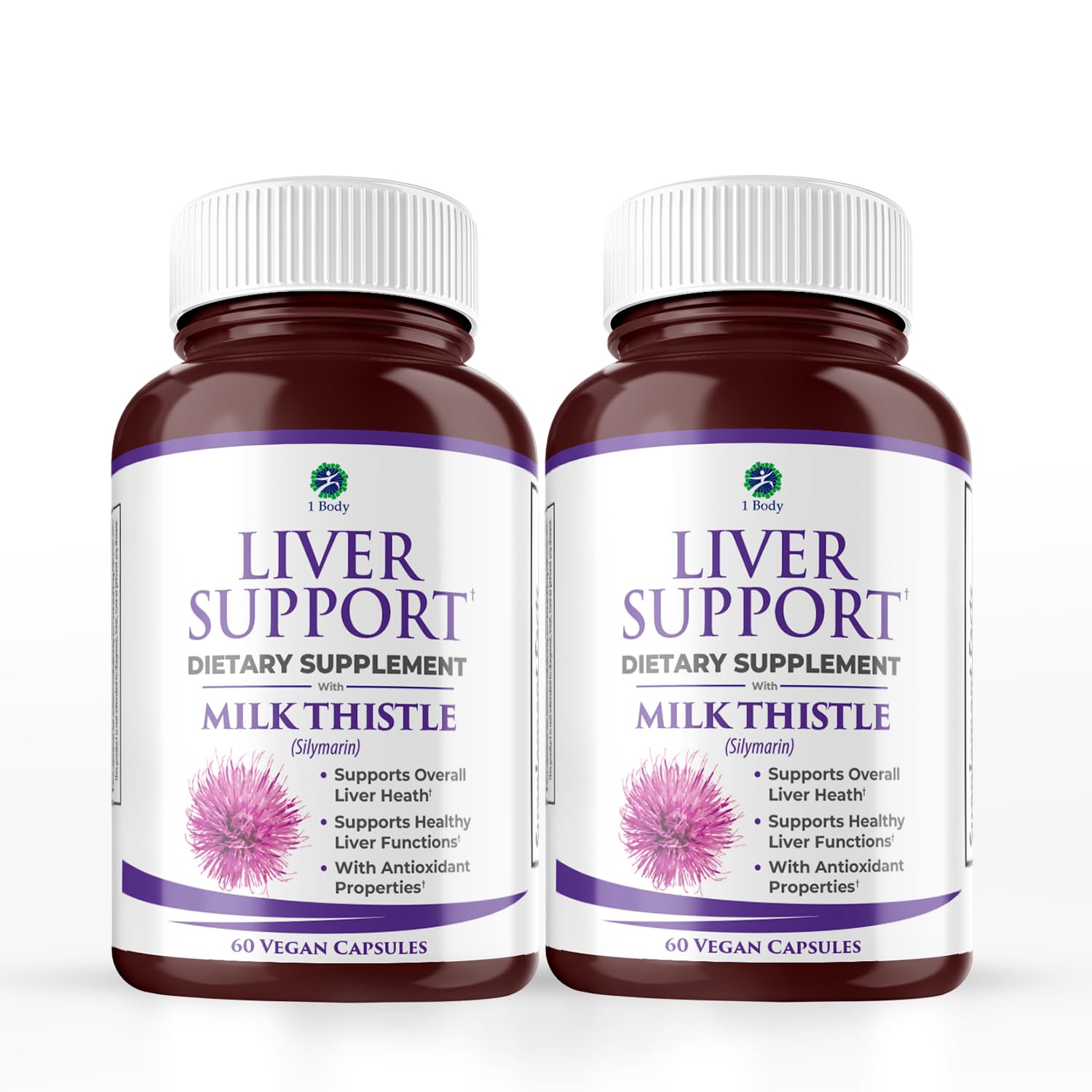 1 Body Liver Support bottle with milk thistle demonstrates liver-friendly formula for daily wellness.