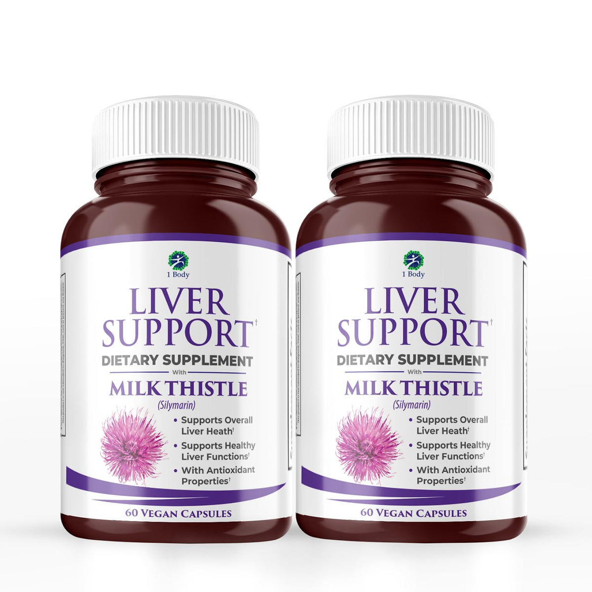1 Body Liver Support bottle with milk thistle demonstrates liver-friendly formula for daily wellness.