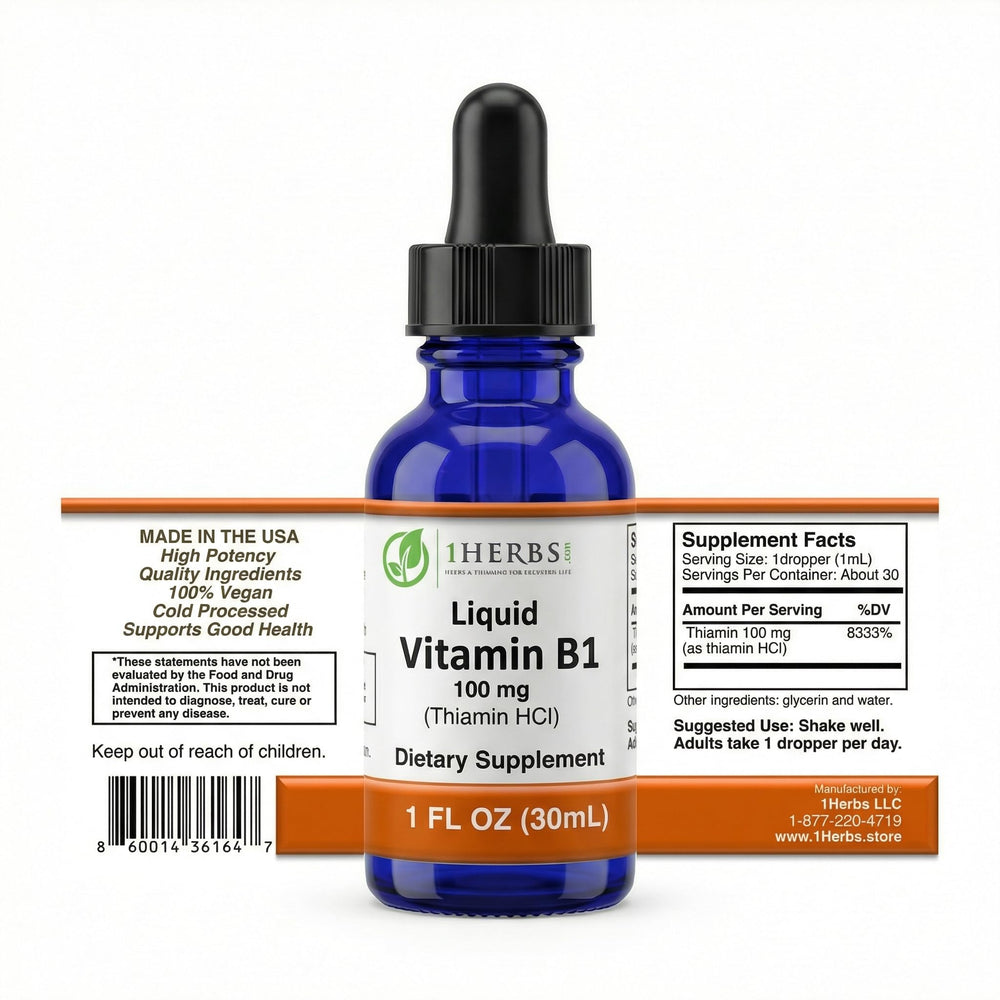 1Herbs liquid vitamin B1 bottle close-up showing high-potency thiamine drops