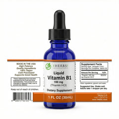 1Herbs liquid vitamin B1 bottle close-up showing high-potency thiamine drops