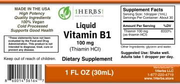 1Herbs B1 thiamine drops with dosing spoon for easy daily use