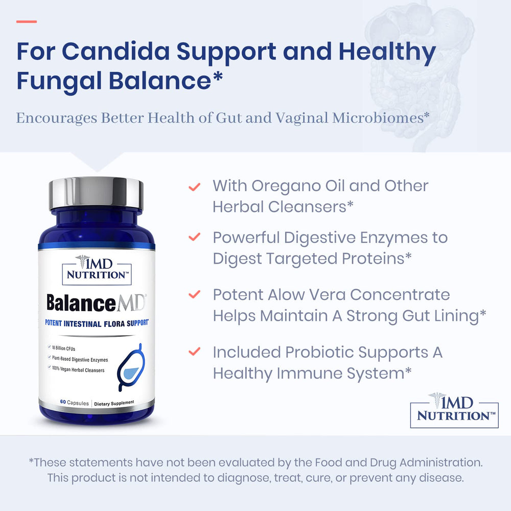 1MD BalanceMD capsules close-up highlighting digestive enzyme support.