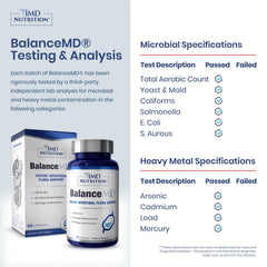 1MD BalanceMD ingredients label highlighting oregano oil for gut health balance.