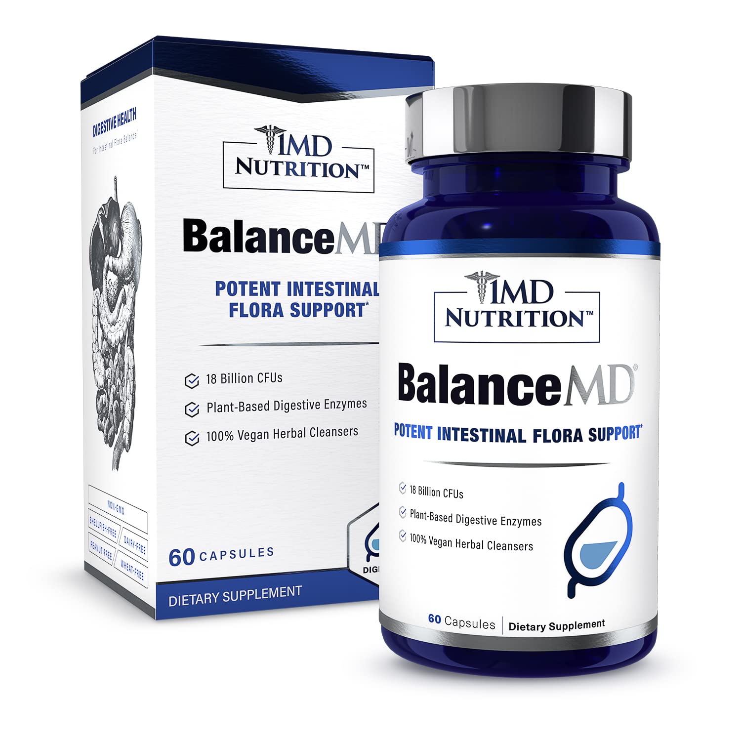 1MD BalanceMD Vaginal Probiotics bottle showing 18B CFUs for microbiome balance.