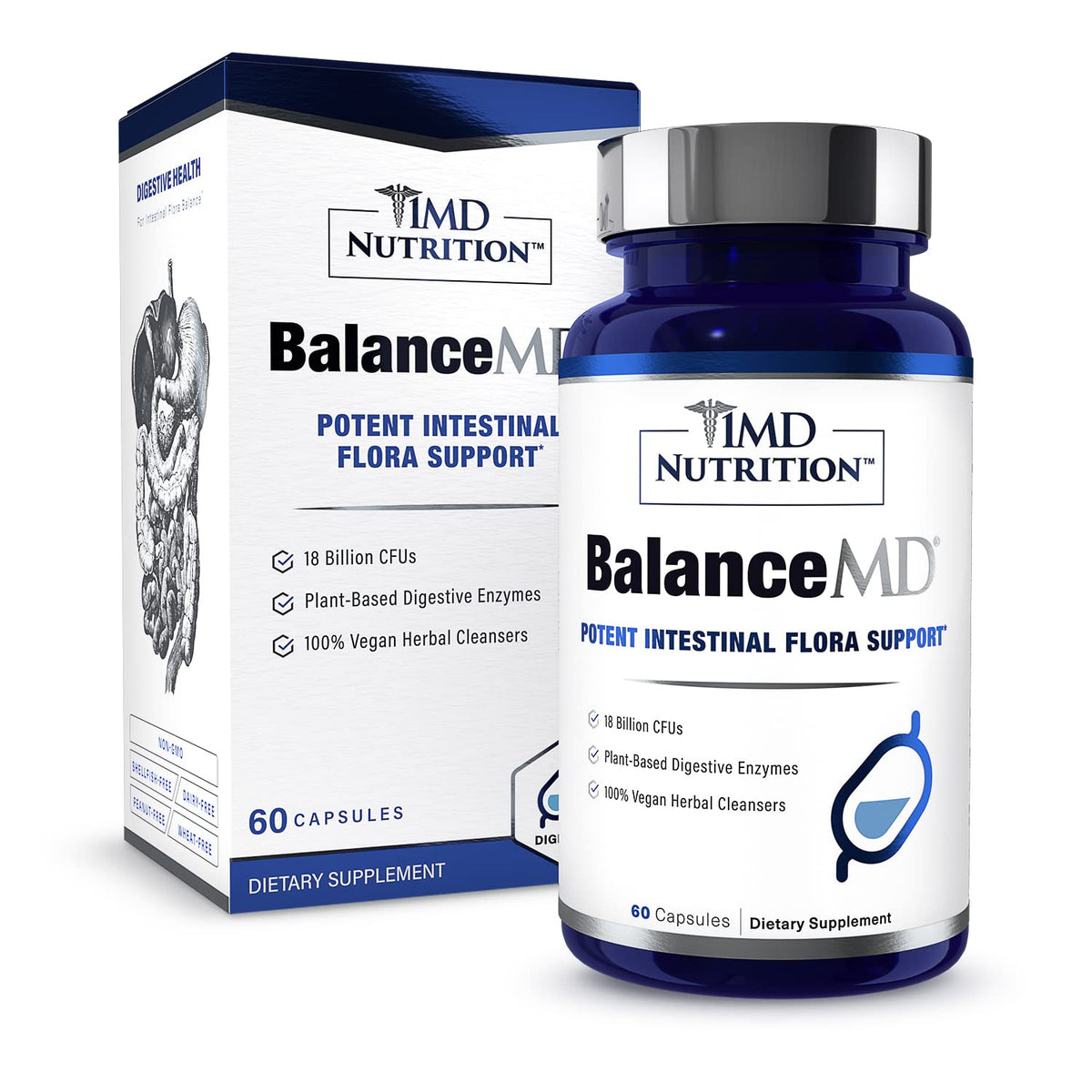 1MD BalanceMD Vaginal Probiotics bottle showing 18B CFUs for microbiome balance.