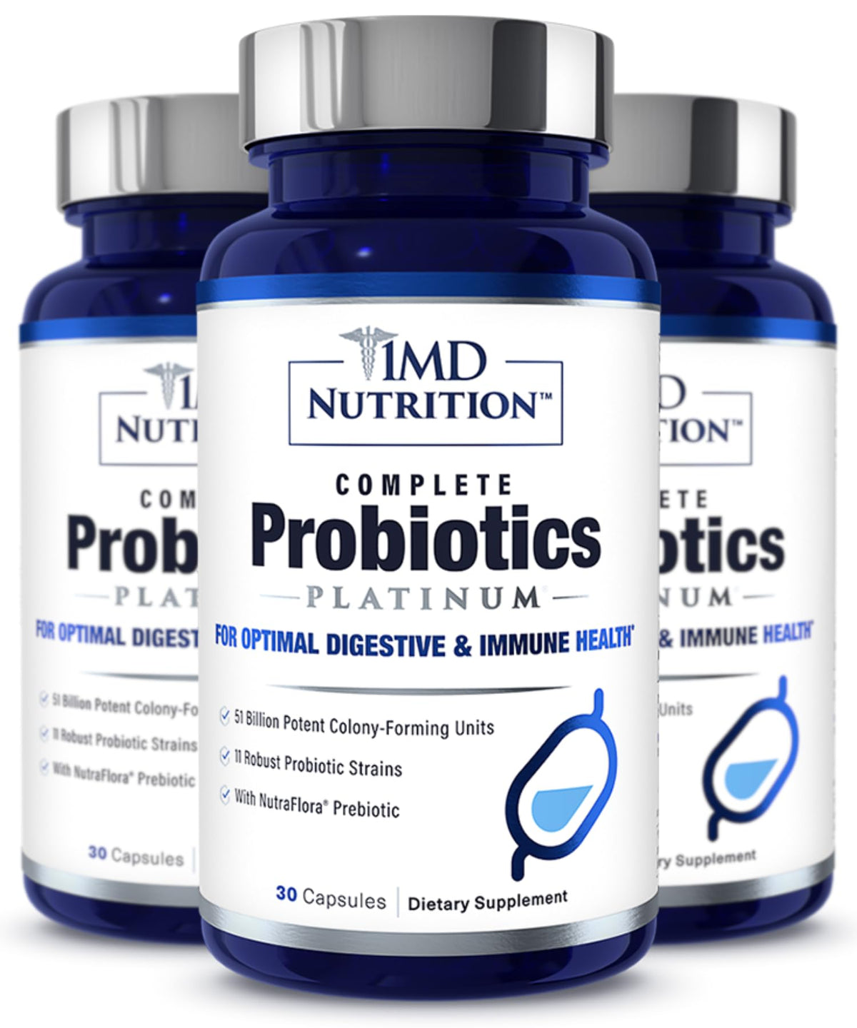 1MD Complete Probiotics Platinum bottle cap highlights daily gut balance potential.