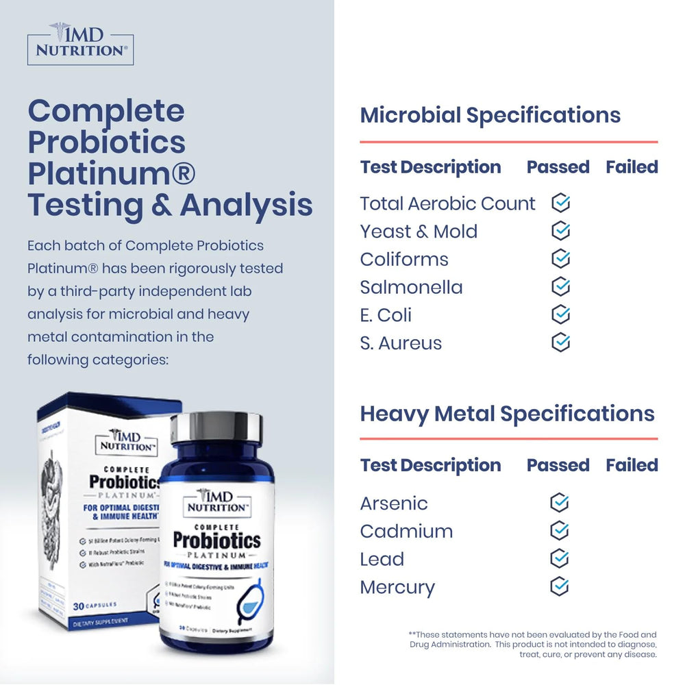 Capsules close-up for 1MD Complete Probiotics Platinum, suggesting easy daily intake.