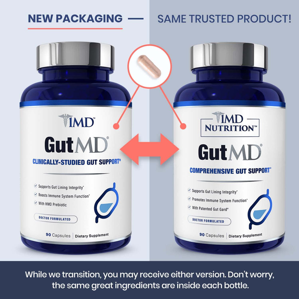 1MD GutMD bottle on desk conveys trusted everyday digestive support.