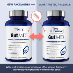 1MD GutMD bottle on desk conveys trusted everyday digestive support.