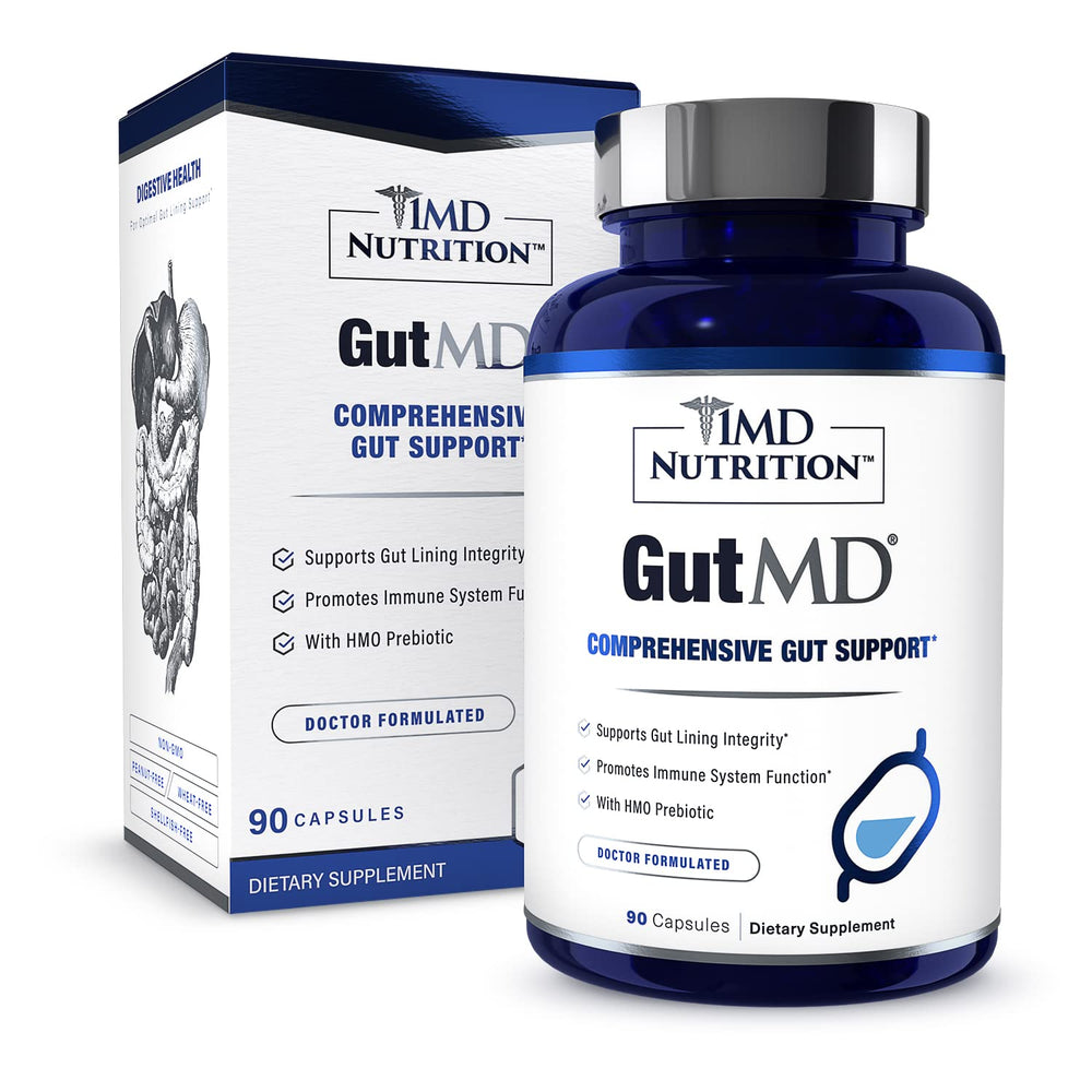 1MD GutMD capsules close-up highlighting gut health support with prebiotic blend.