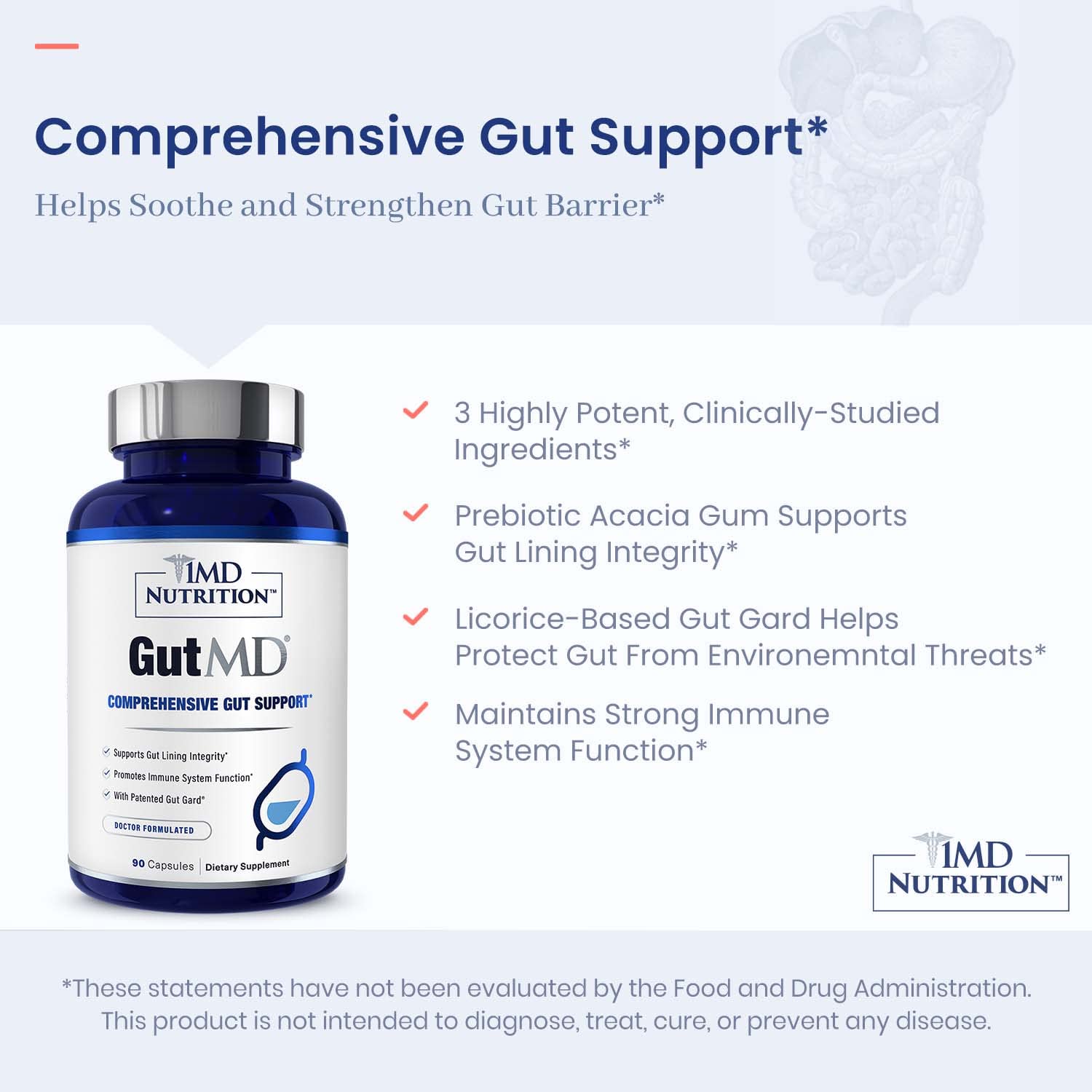 1MD GutMD capsules being swallowed to illustrate convenient daily gut health routine.