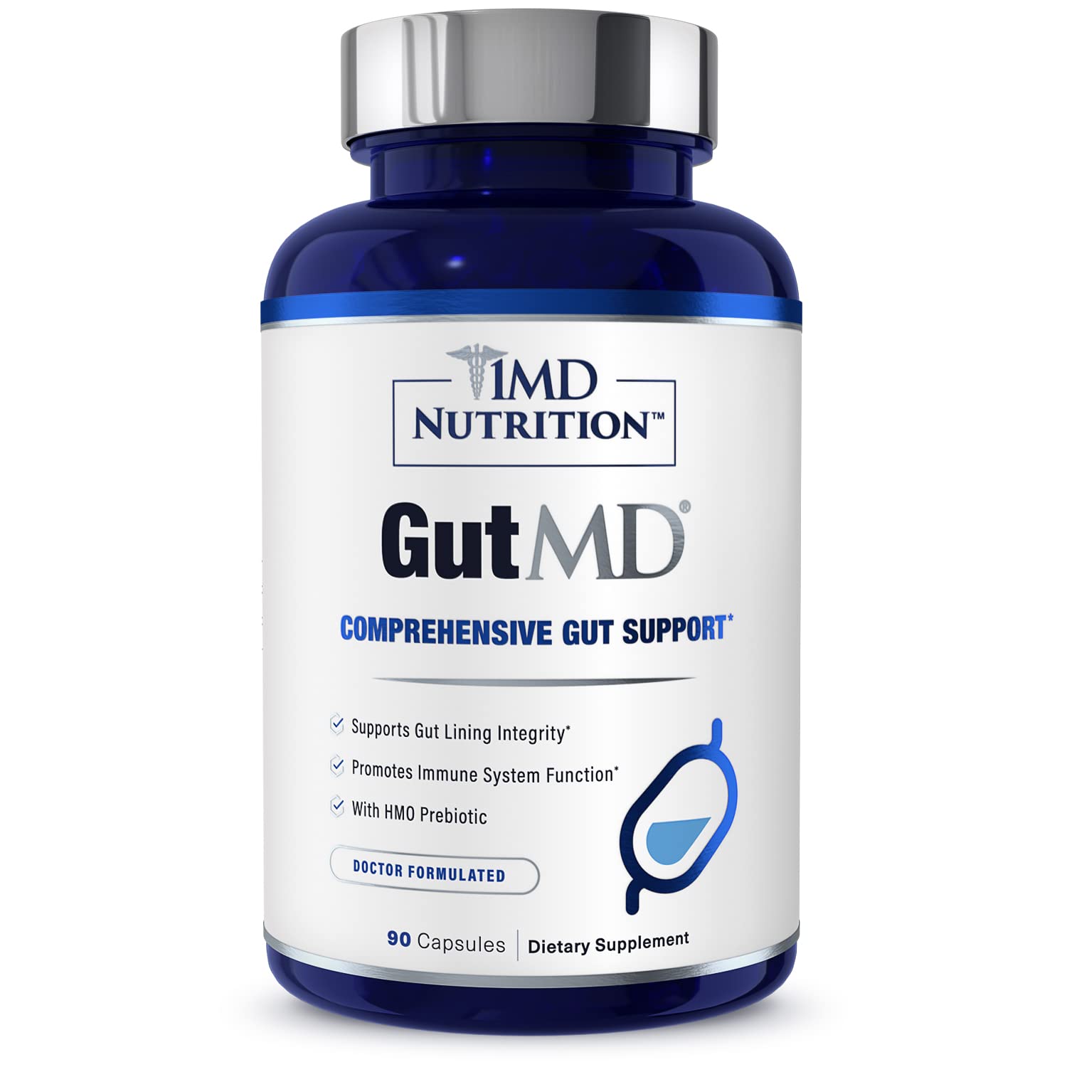 1MD GutMD label close-up for nutrition facts and prebiotic benefits.