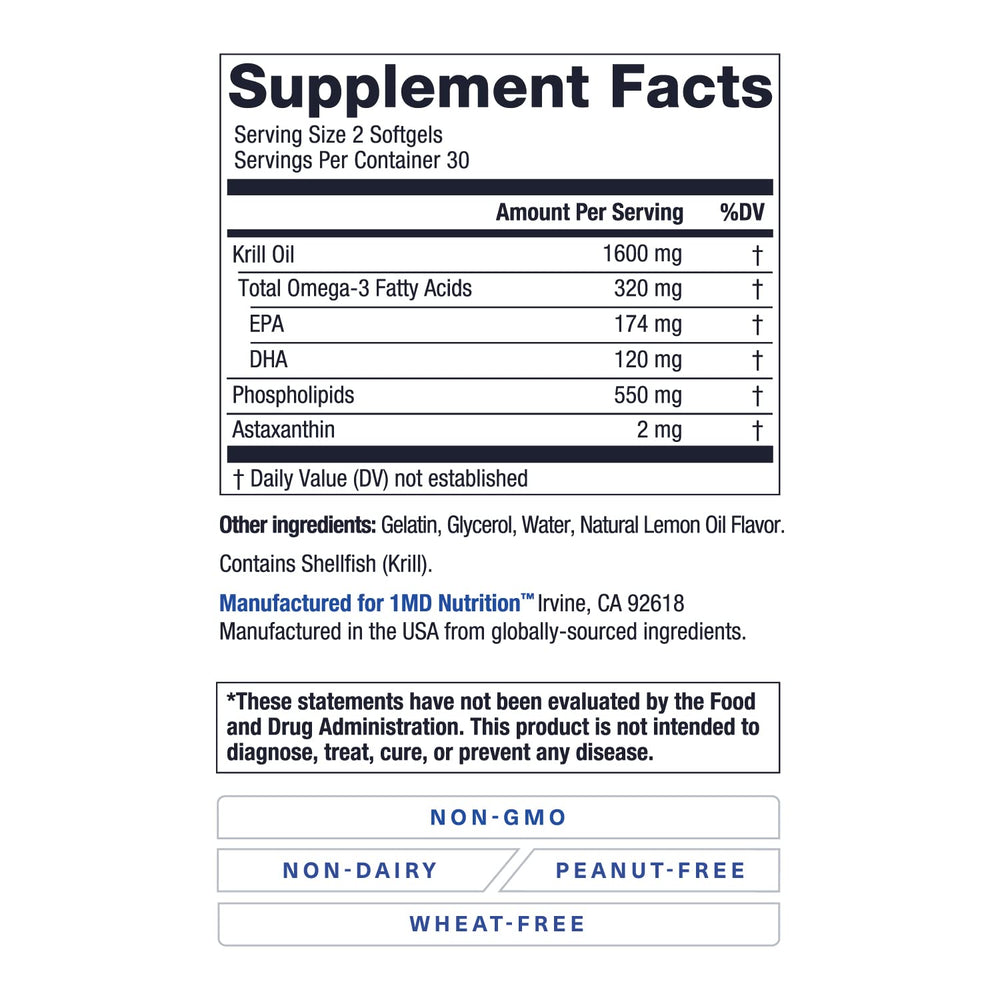 1MD KrillMD EPA and DHA content supports heart-healthy omega-3 intake