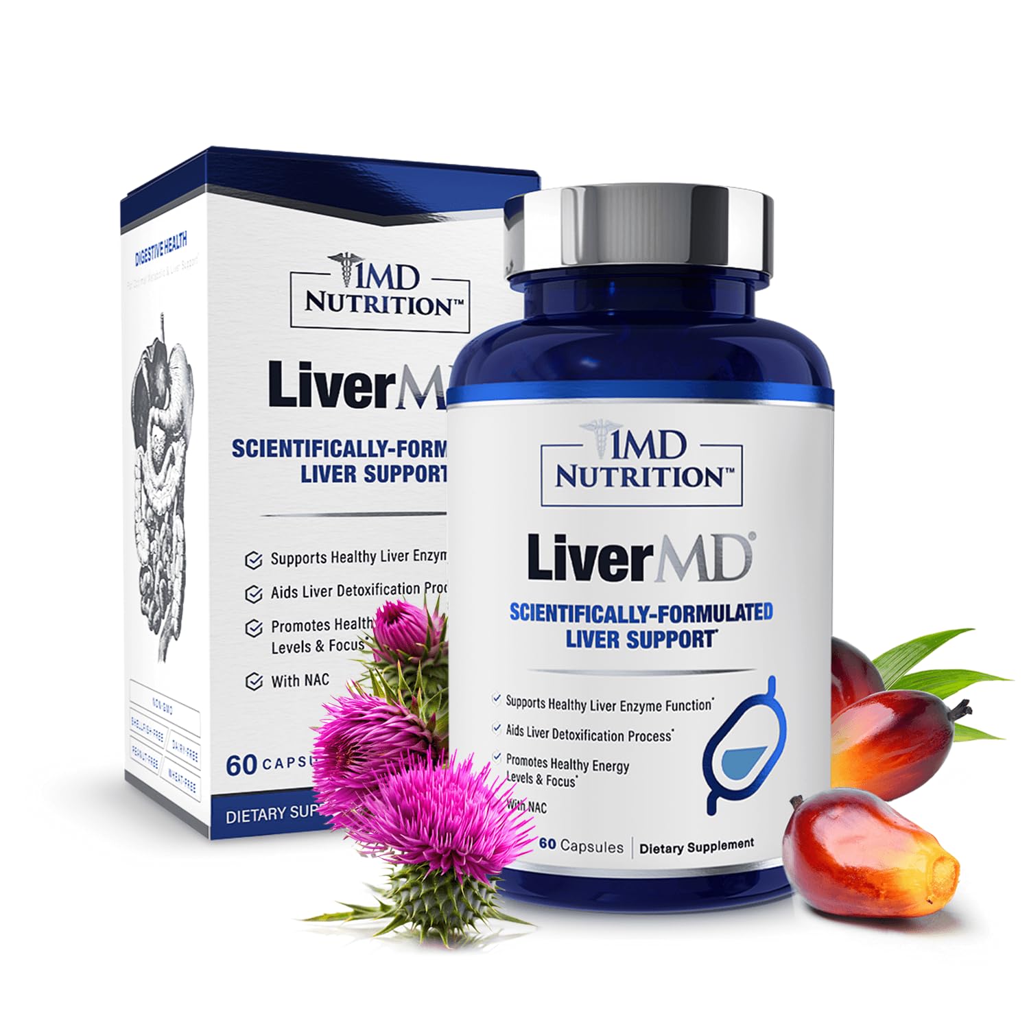 1MD LiverMD bottle front view promoting liver support and daily wellness