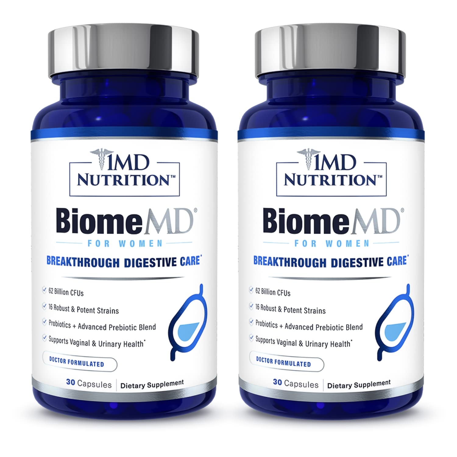 1MD BiomeMD Probiotics for Women bottle front supports digestive comfort and immune balance.