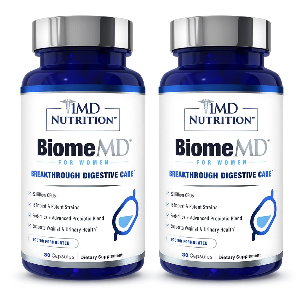 1MD BiomeMD Probiotics for Women bottle front supports digestive comfort and immune balance.