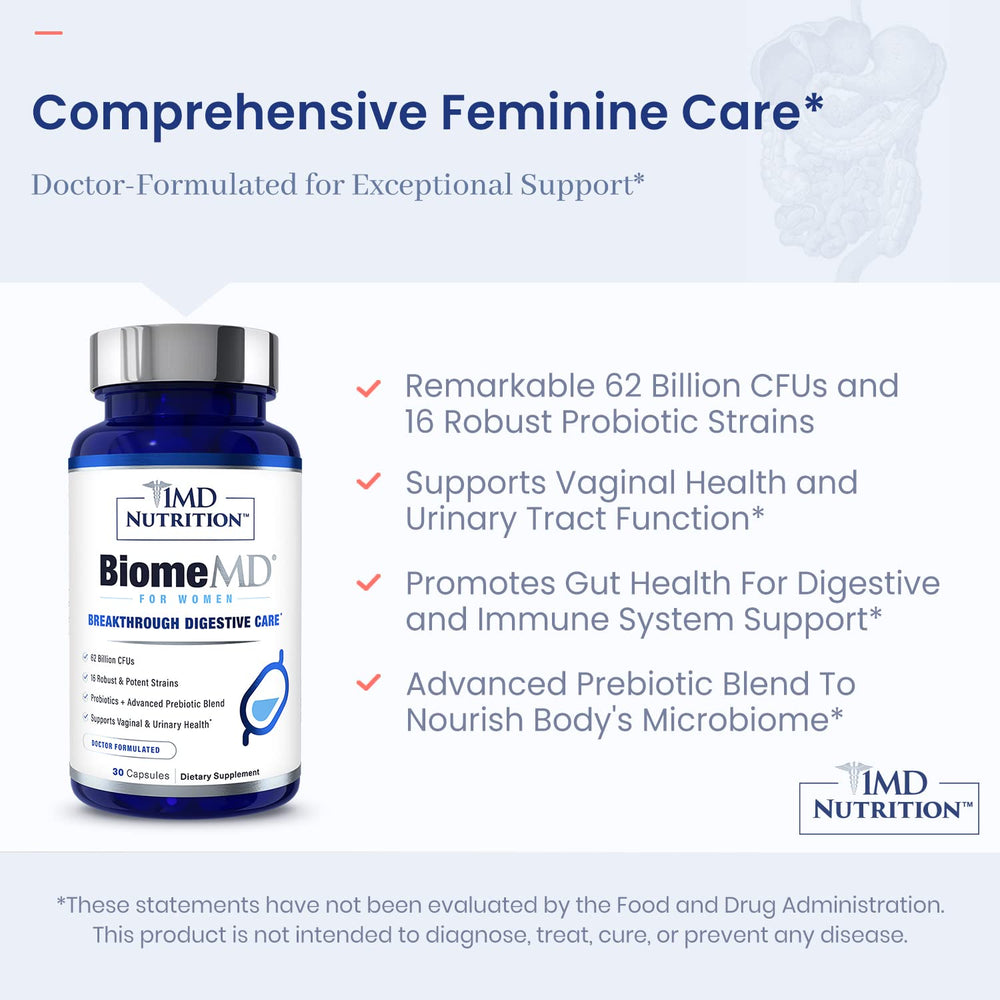 1MD BiomeMD Probiotics for Women label shows 62 billion CFUs and 15 strains.