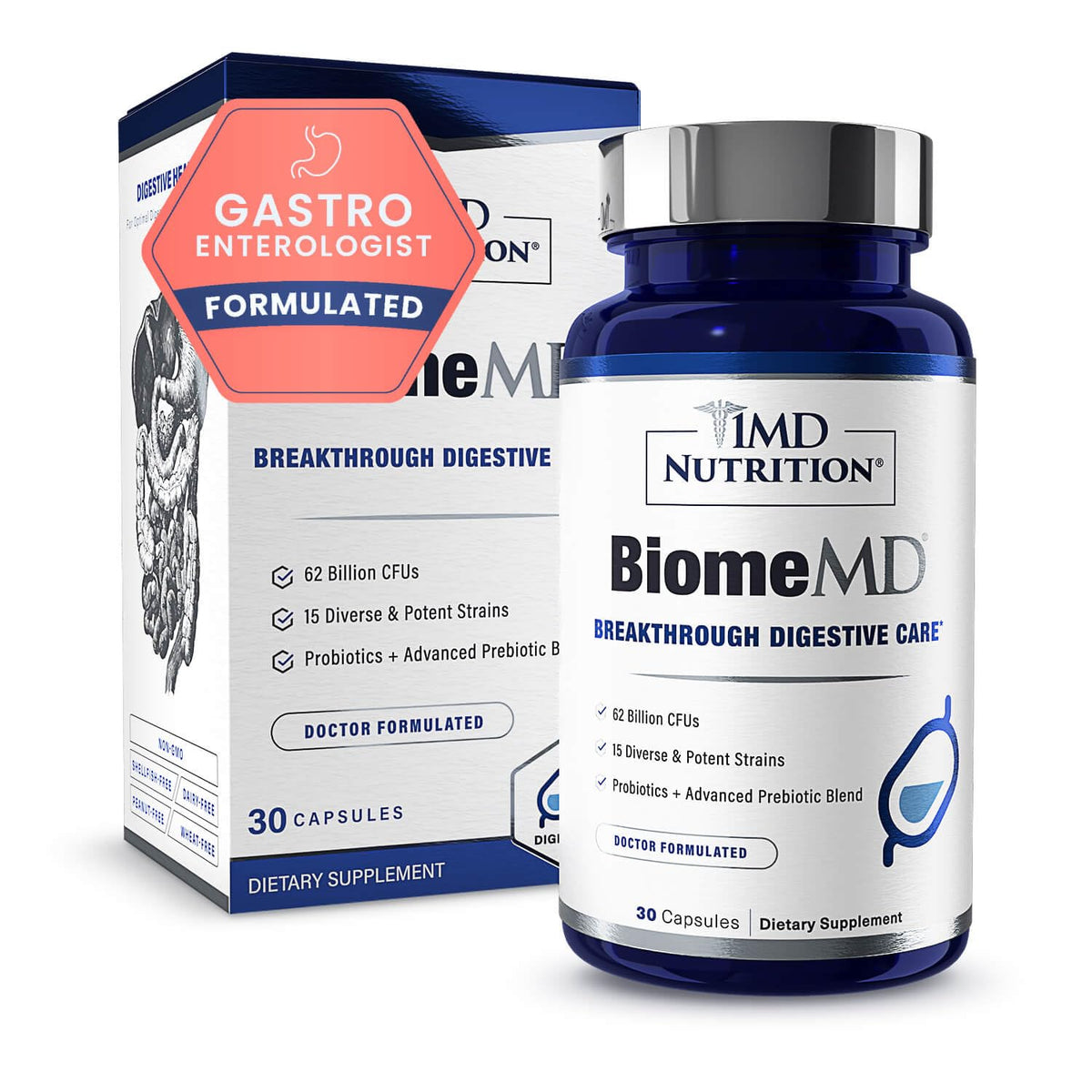1MD BiomeMD Probiotics bottle front with 62B CFUs for daily balance