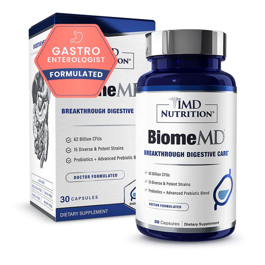 1MD BiomeMD Probiotics bottle front with 62B CFUs for daily balance