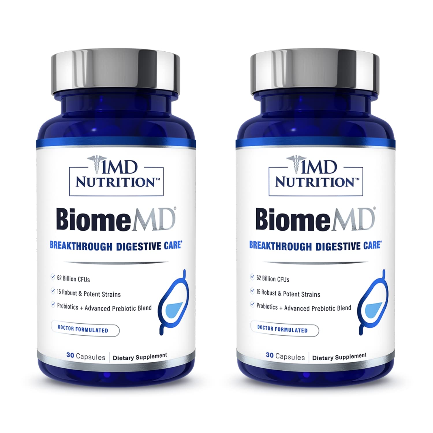 1MD Nutrition BiomeMD Probiotics bottle close-up highlighting potency.