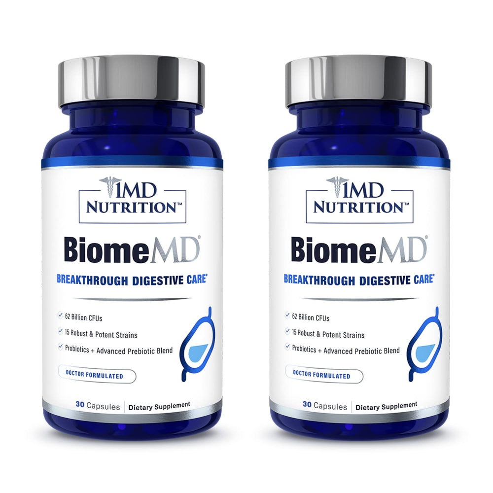1MD Nutrition BiomeMD Probiotics bottle close-up highlighting potency.