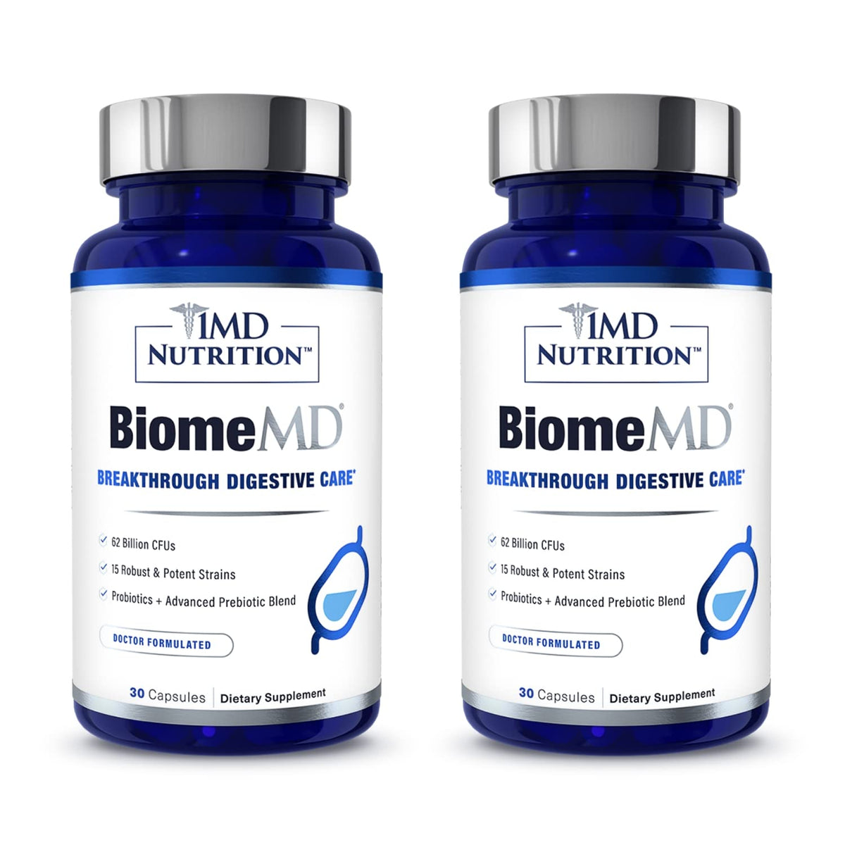 1MD Nutrition BiomeMD Probiotics bottle close-up highlighting potency.